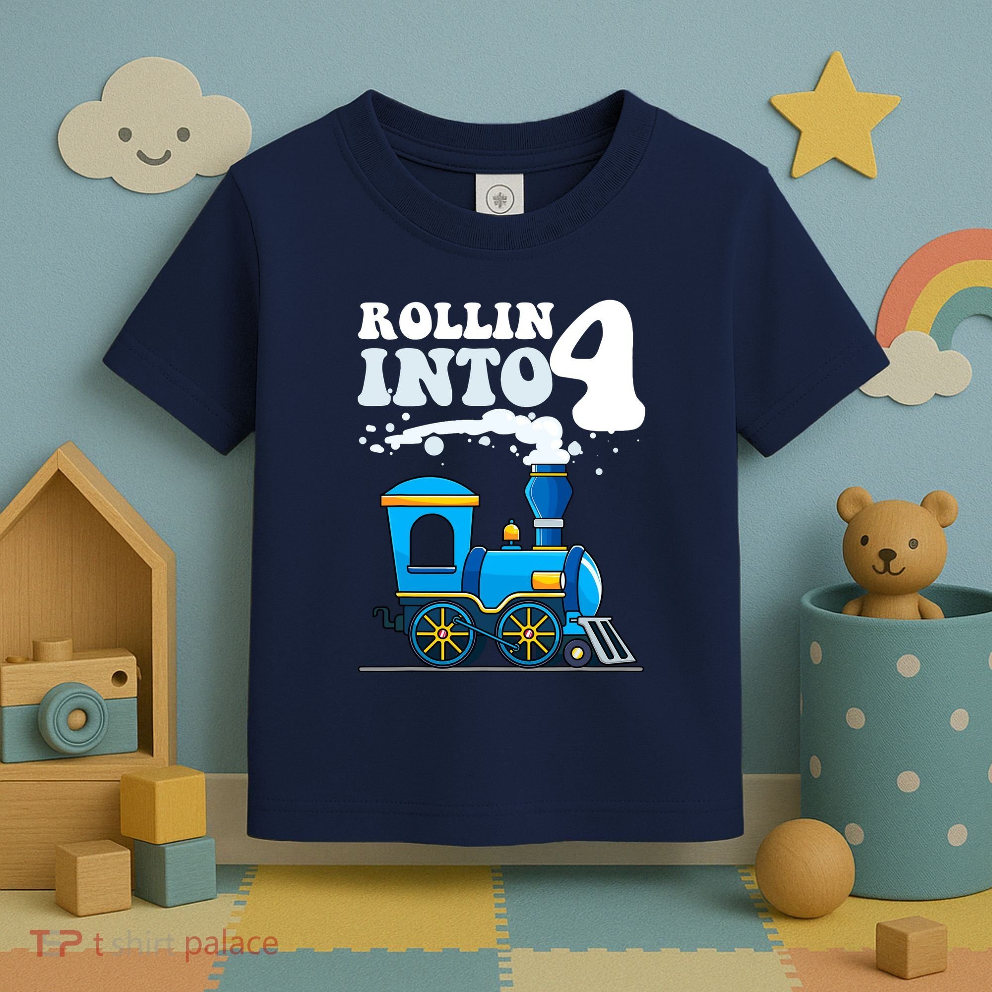 Rollin Into 4 Train 4th Birthday Party Four Years Old Boy Toddler T-Shirt