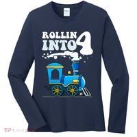 Rollin Into 4 Train 4th Birthday Party Four Years Old Boy Women's Long Sleeve Shirt thumb 0