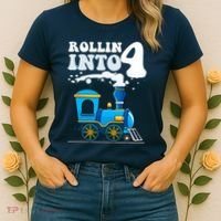 Rollin Into 4 Train 4th Birthday Party Four Years Old Boy Women's T-Shirt thumb 2