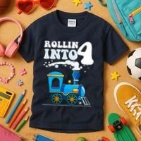Rollin Into 4 Train 4th Birthday Party Four Years Old Boy Kids T-Shirt thumb 3