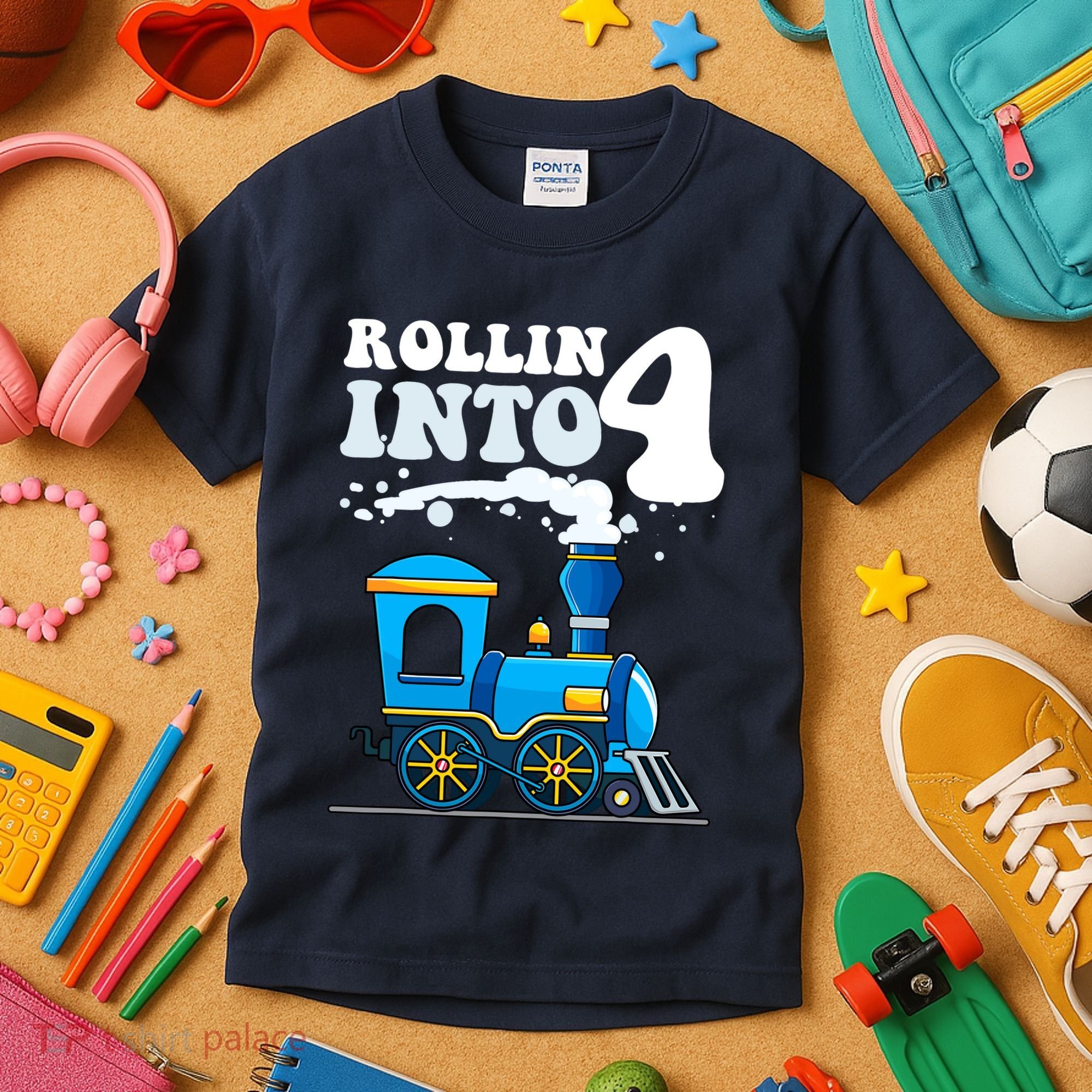 Rollin Into 4 Train 4th Birthday Party Four Years Old Boy Kids T-Shirt