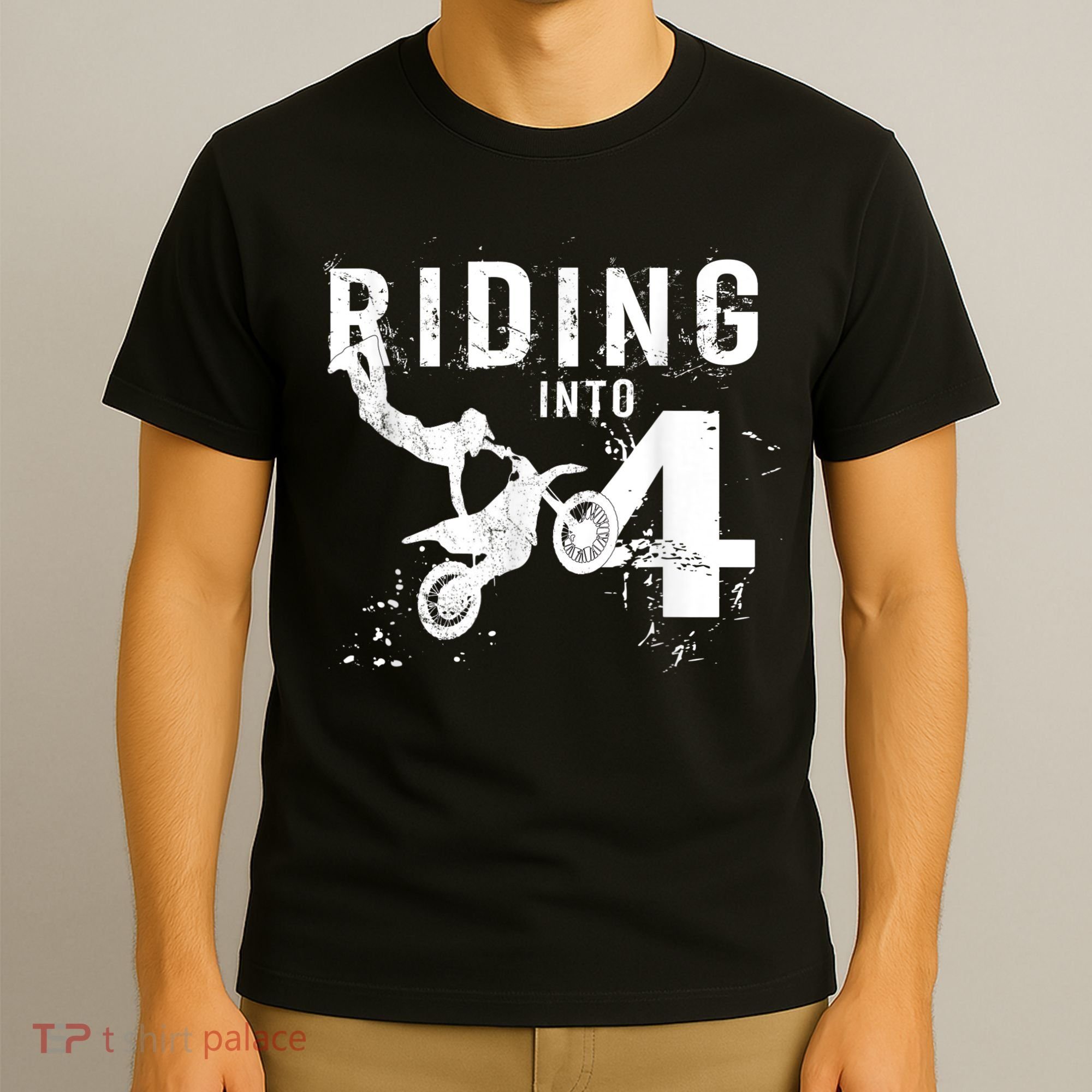 Riding Into 4 Years Old 4th Birthday Boy Dirt Bike Party T-Shirt