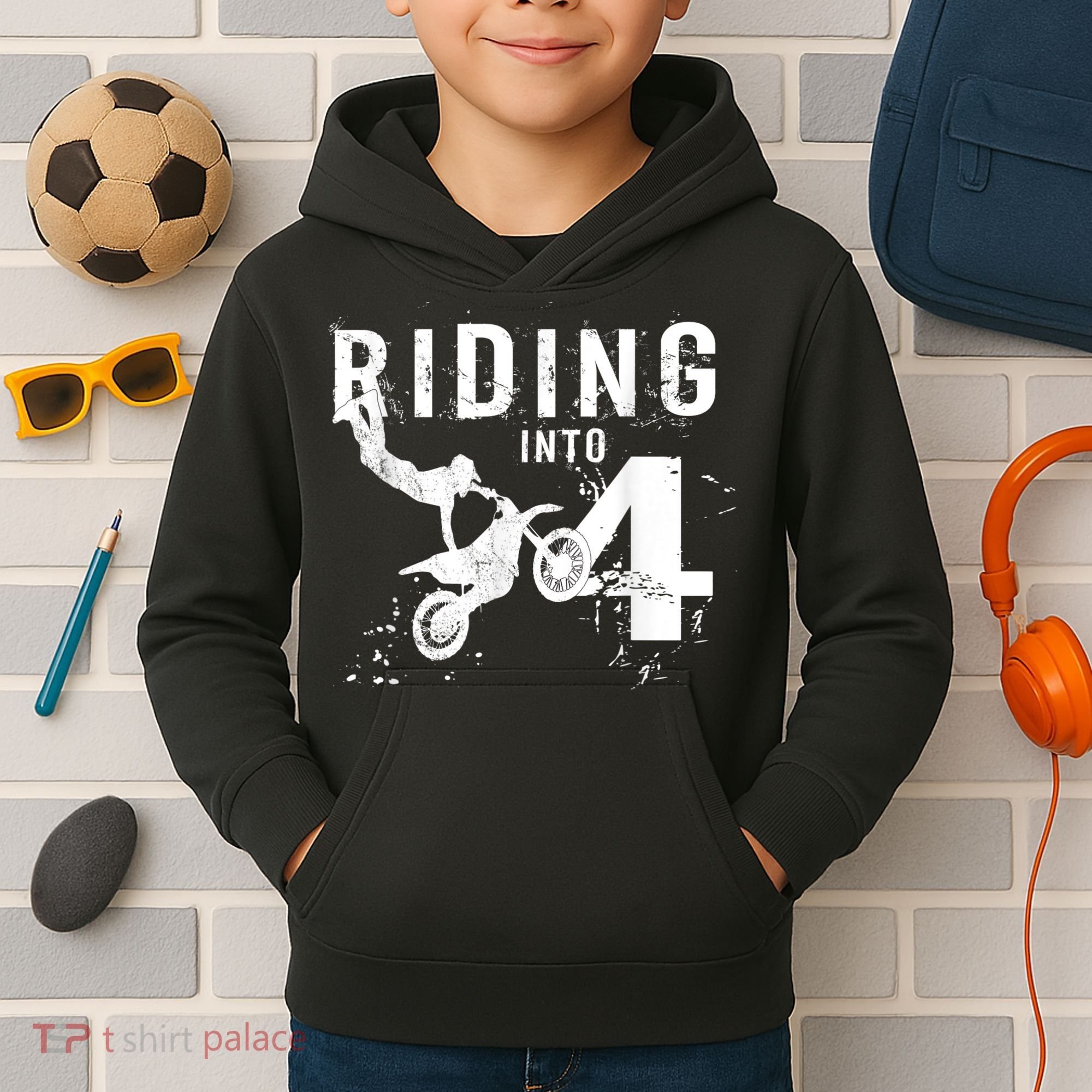 Riding Into 4 Years Old 4th Birthday Boy Dirt Bike Party Kids Hoodie