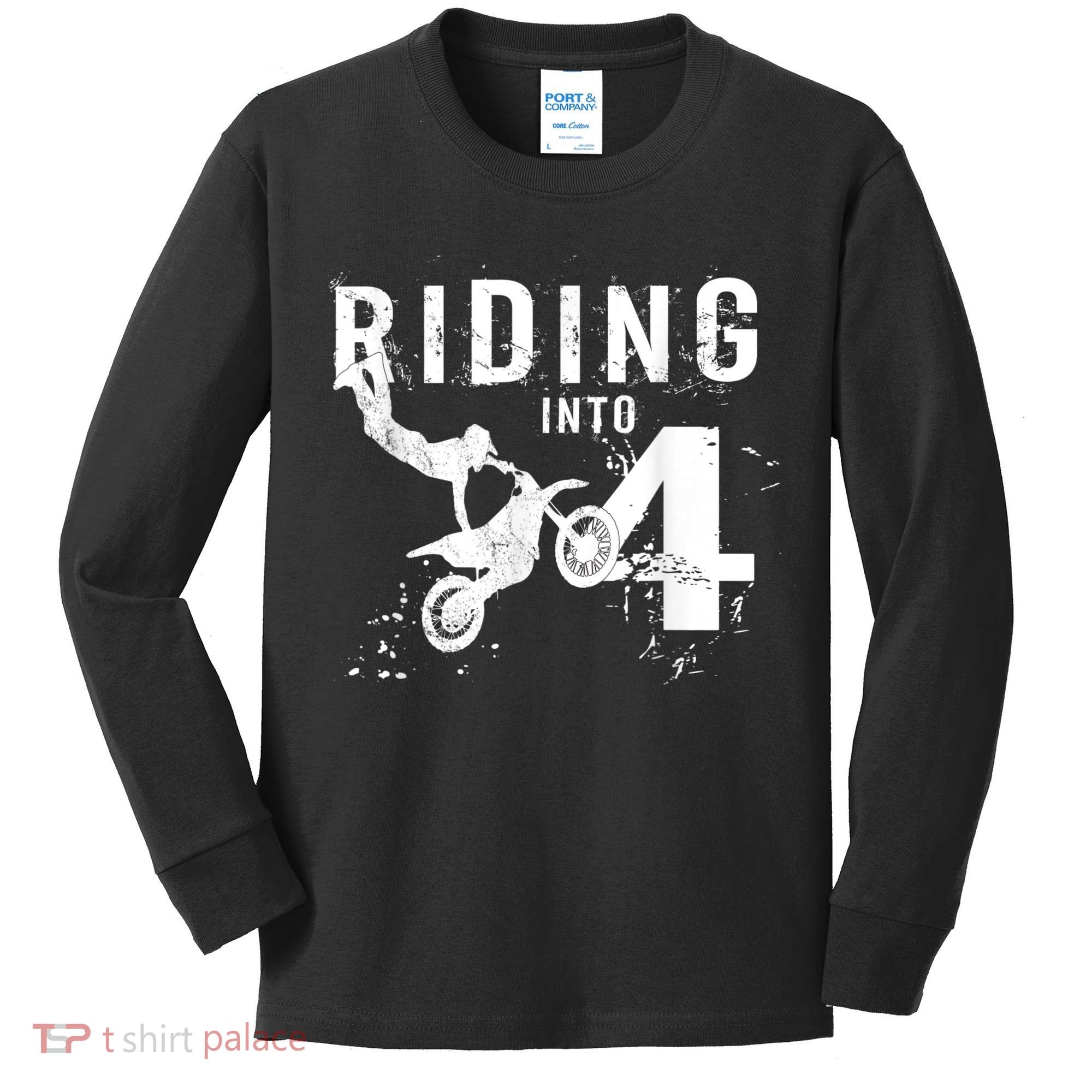 Riding Into 4 Years Old 4th Birthday Boy Dirt Bike Party Kids Long Sleeve Shirt