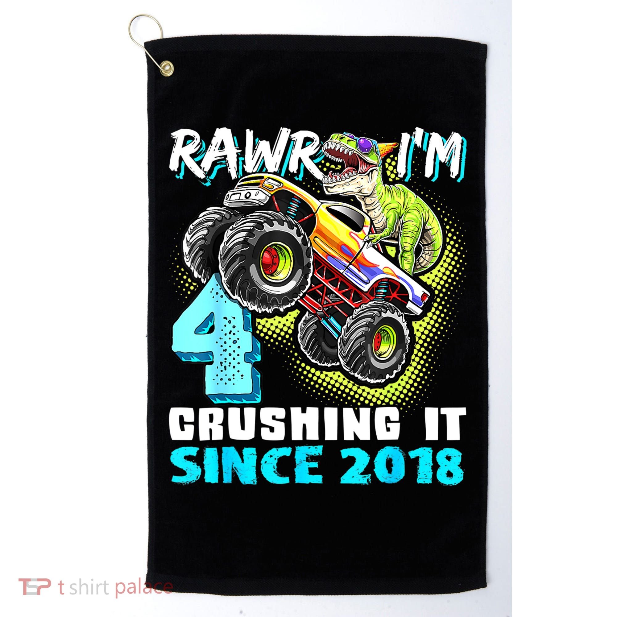 Rawr I'm 4 Monster Truck Dinosaur 4th Birthday Party Boys Golf Towel