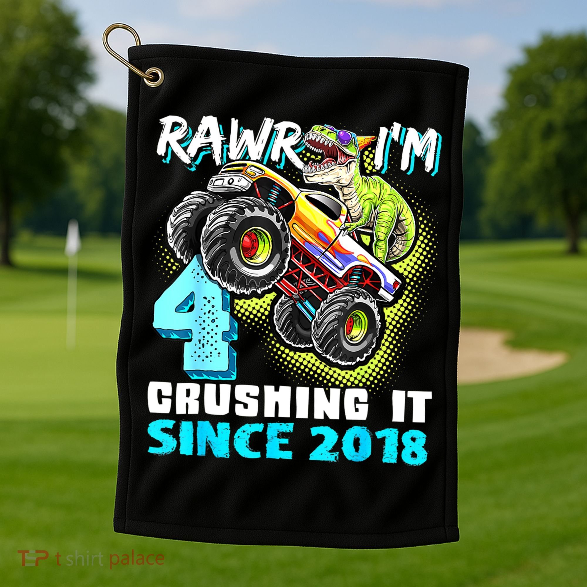 Rawr I'm 4 Monster Truck Dinosaur 4th Birthday Party Boys Golf Towel
