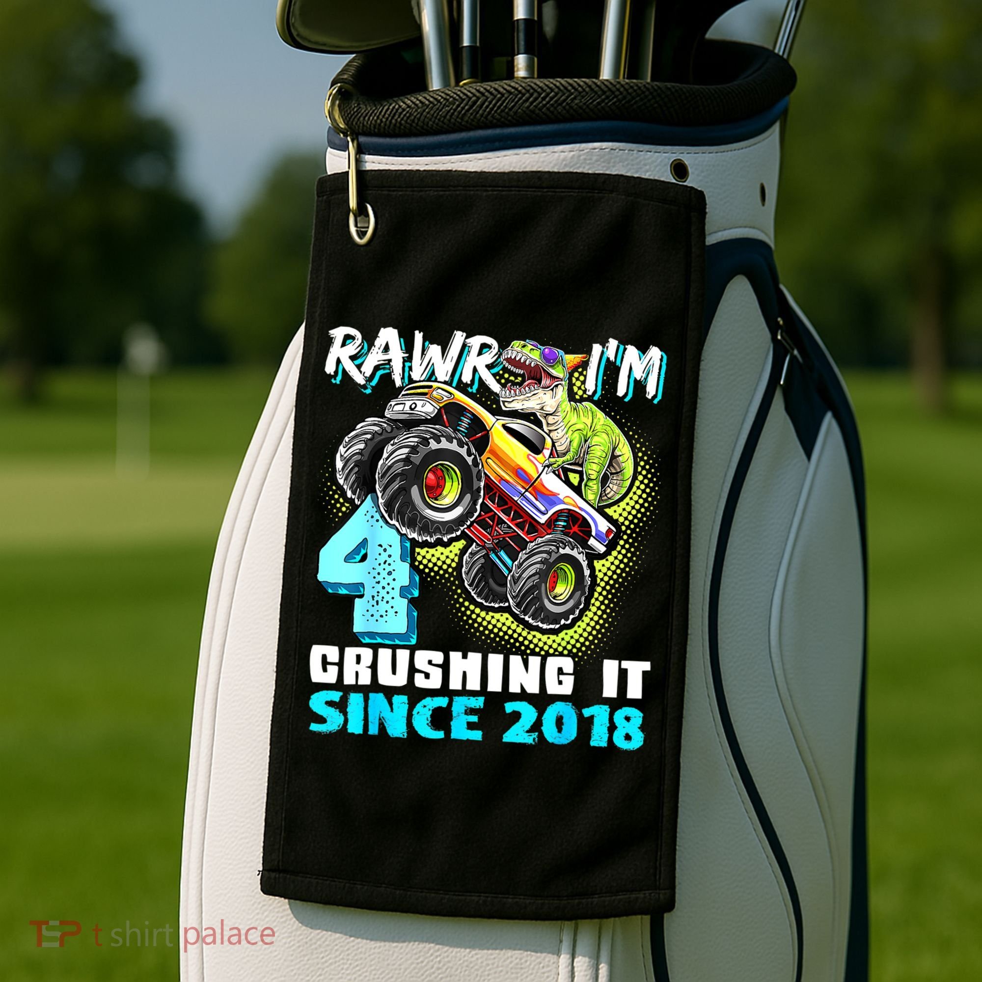 Rawr I'm 4 Monster Truck Dinosaur 4th Birthday Party Boys Golf Towel