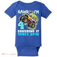 Rawr I'm 4 Monster Truck Dinosaur 4th Birthday Party Boys Baby Bodysuit thumb 0
