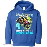 Rawr I'm 4 Monster Truck Dinosaur 4th Birthday Party Boys Toddler Hoodie thumb 0