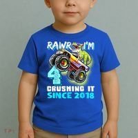 Rawr I'm 4 Monster Truck Dinosaur 4th Birthday Party Boys Toddler T-Shirt thumb 2