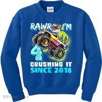 Rawr I'm 4 Monster Truck Dinosaur 4th Birthday Party Boys Kids Sweatshirt thumb 0