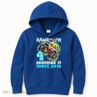 Rawr I'm 4 Monster Truck Dinosaur 4th Birthday Party Boys Kids Hoodie thumb 0