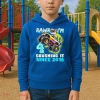 Rawr I'm 4 Monster Truck Dinosaur 4th Birthday Party Boys Kids Hoodie thumb 2