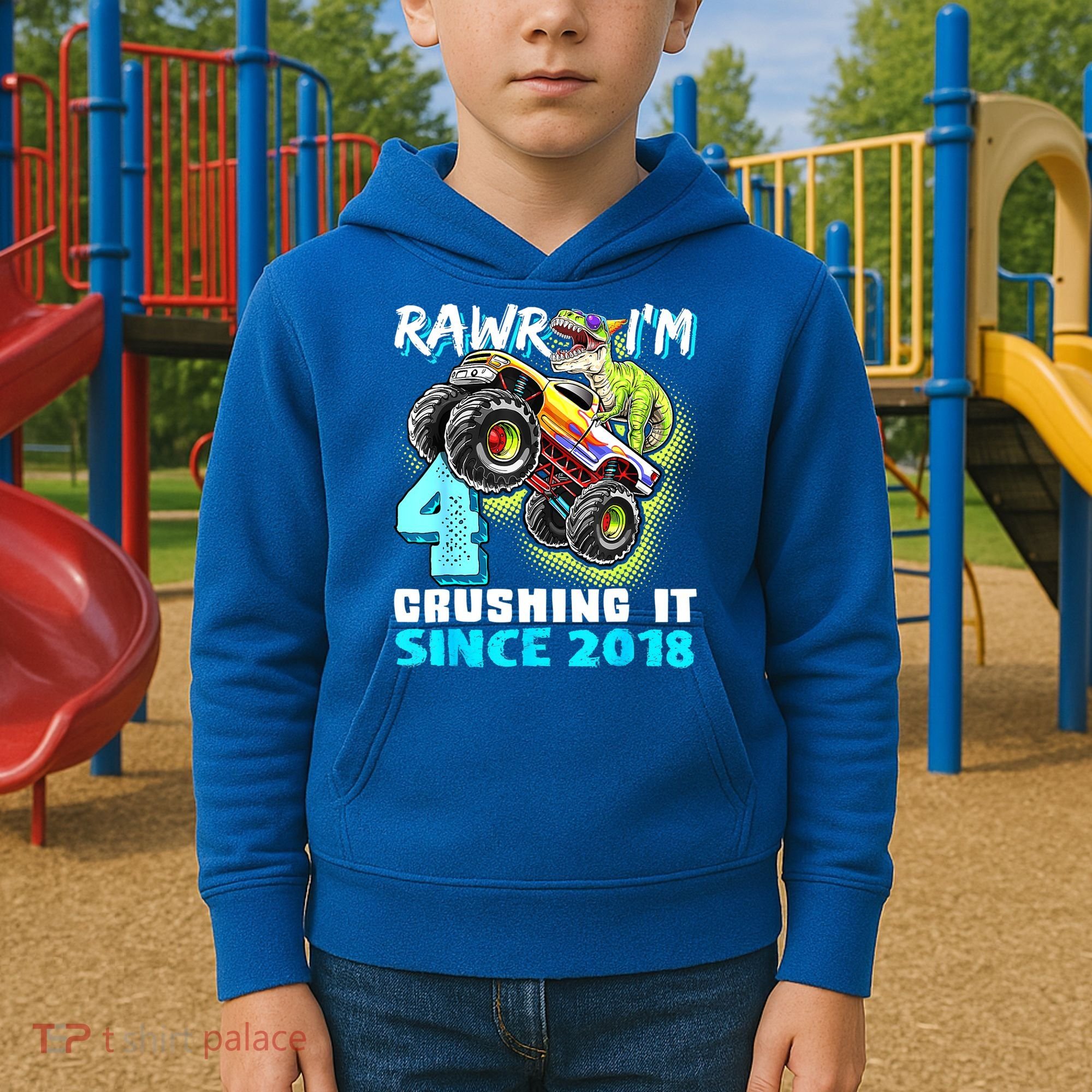 Rawr I'm 4 Monster Truck Dinosaur 4th Birthday Party Boys Kids Hoodie