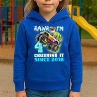 Rawr I'm 4 Monster Truck Dinosaur 4th Birthday Party Boys Kids Hoodie thumb 3
