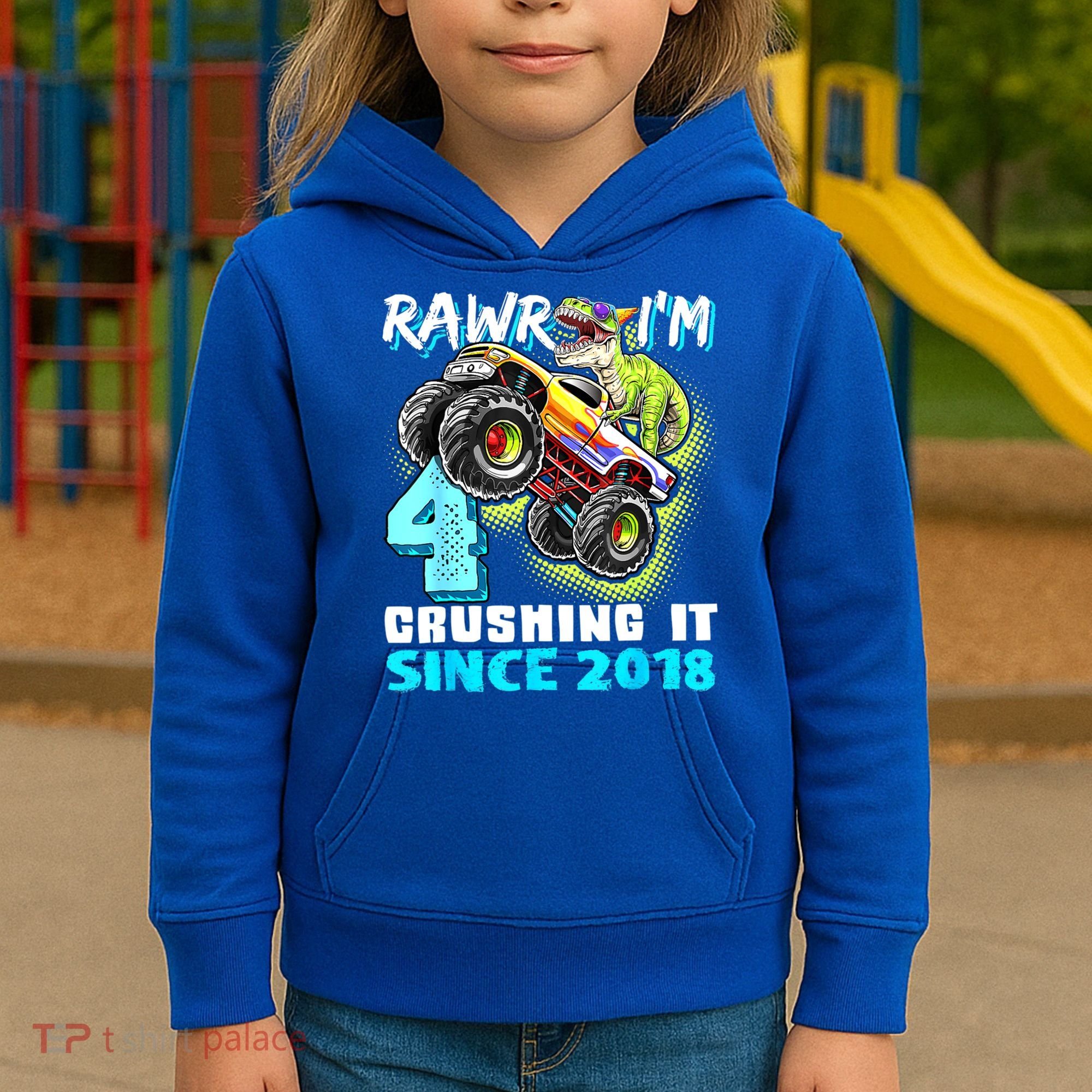 Rawr I'm 4 Monster Truck Dinosaur 4th Birthday Party Boys Kids Hoodie