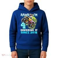 Rawr I'm 4 Monster Truck Dinosaur 4th Birthday Party Boys Kids Hoodie thumb 4