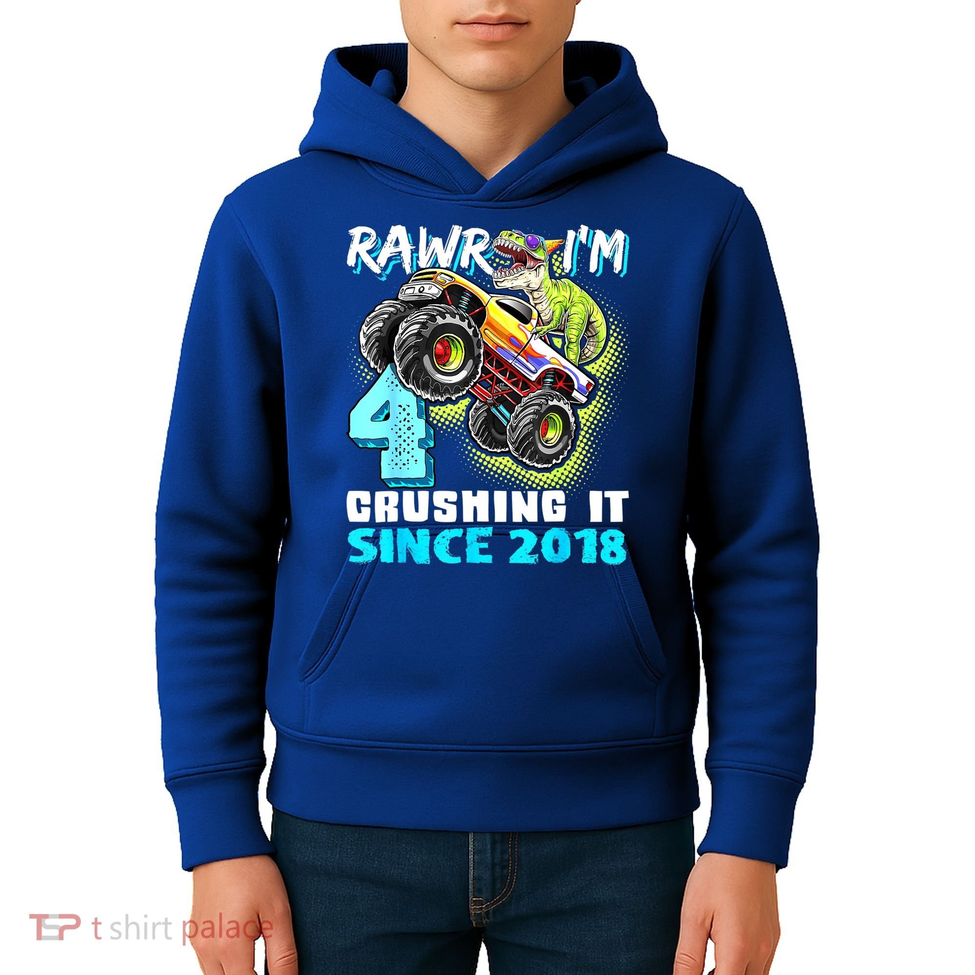 Rawr I'm 4 Monster Truck Dinosaur 4th Birthday Party Boys Kids Hoodie