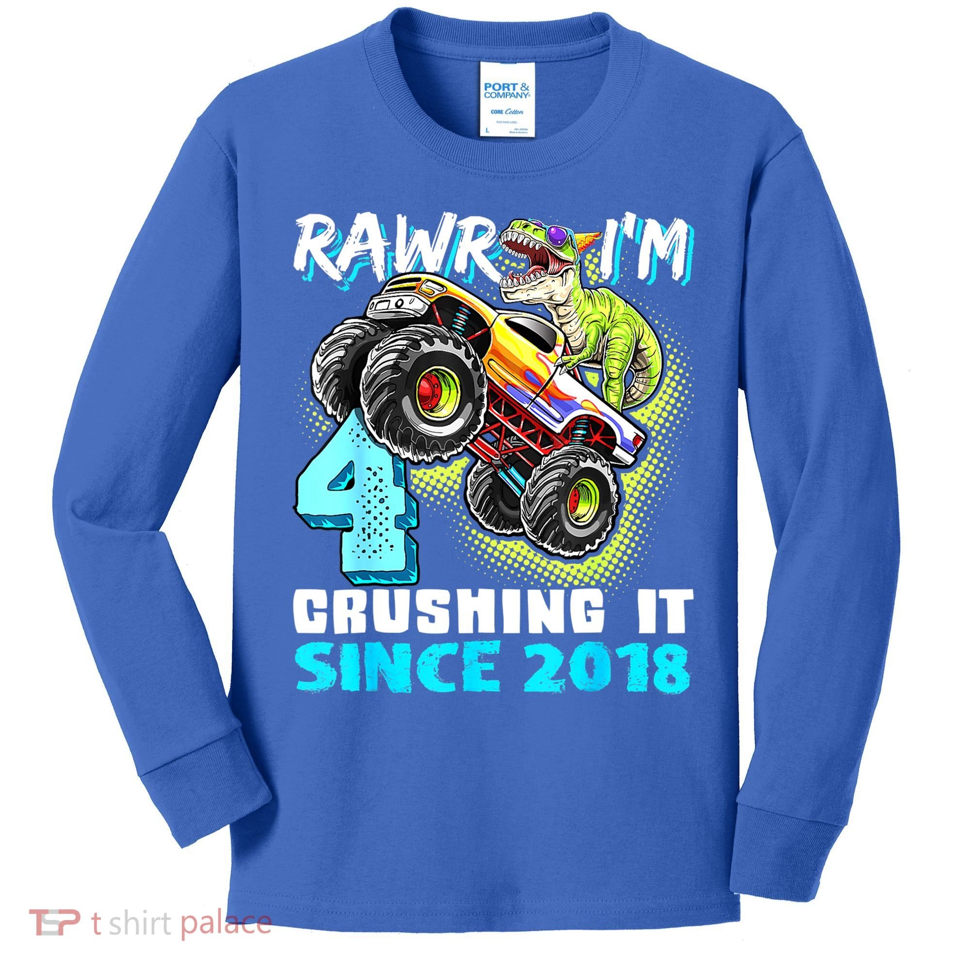 Rawr I'm 4 Monster Truck Dinosaur 4th Birthday Party Boys Kids Long Sleeve Shirt