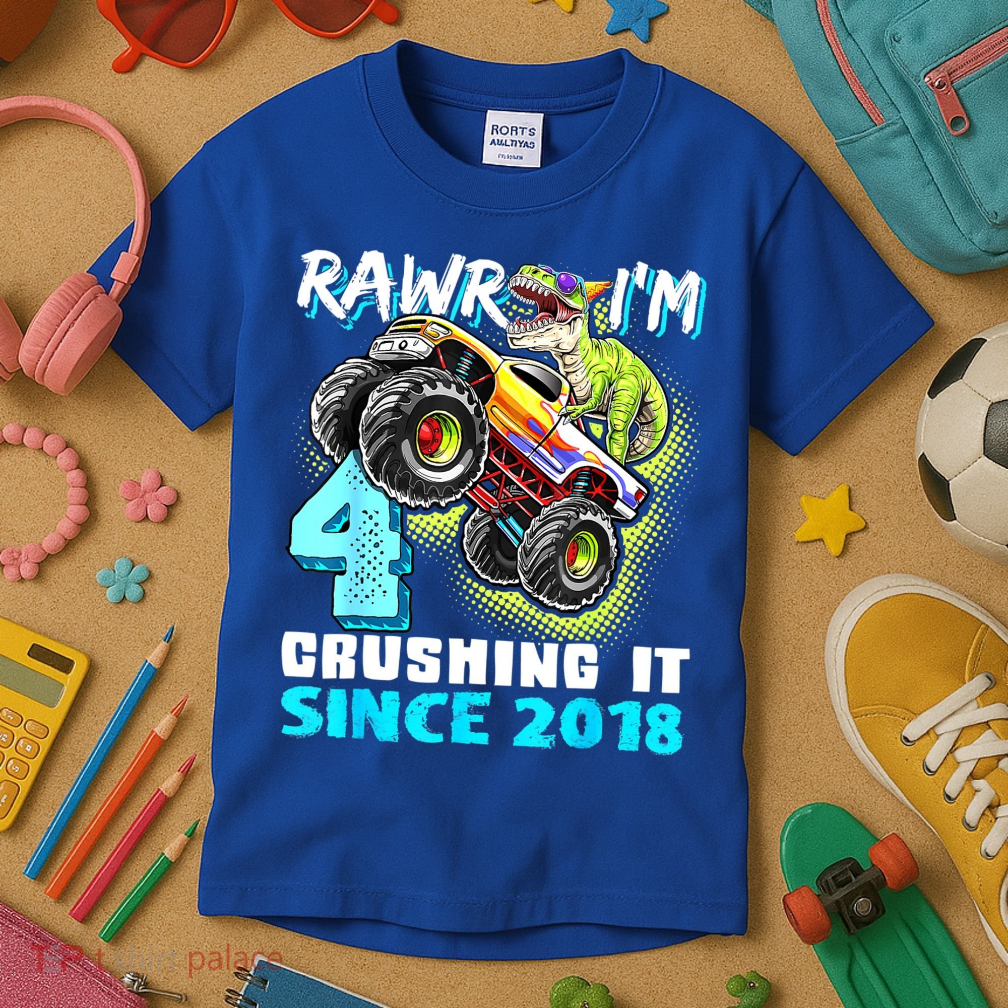 Rawr I'm 4 Monster Truck Dinosaur 4th Birthday Party Boys Kids T-Shirt