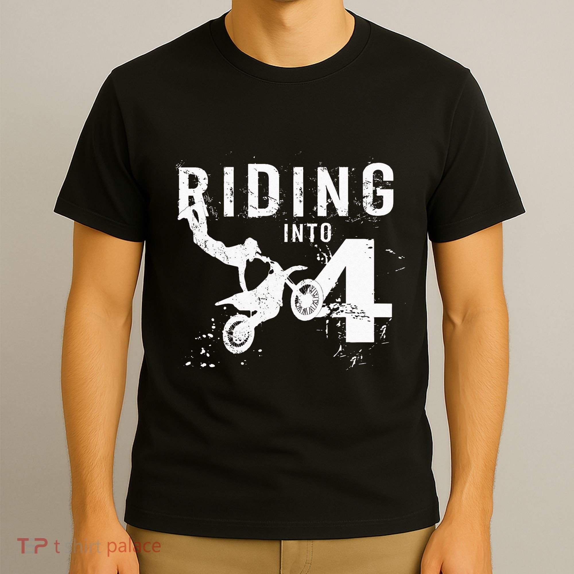 Riding Into 4 Years Old 4th Birthday Boy Dirt Bike Party T-Shirt