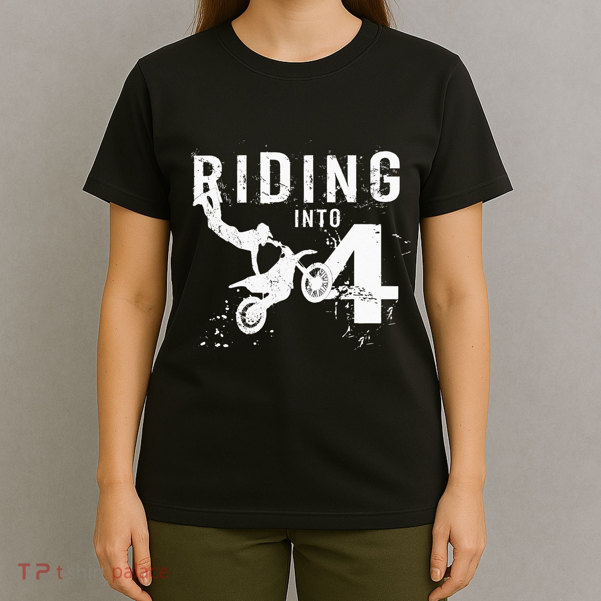 Riding Into 4 Years Old 4th Birthday Boy Dirt Bike Party T-Shirt