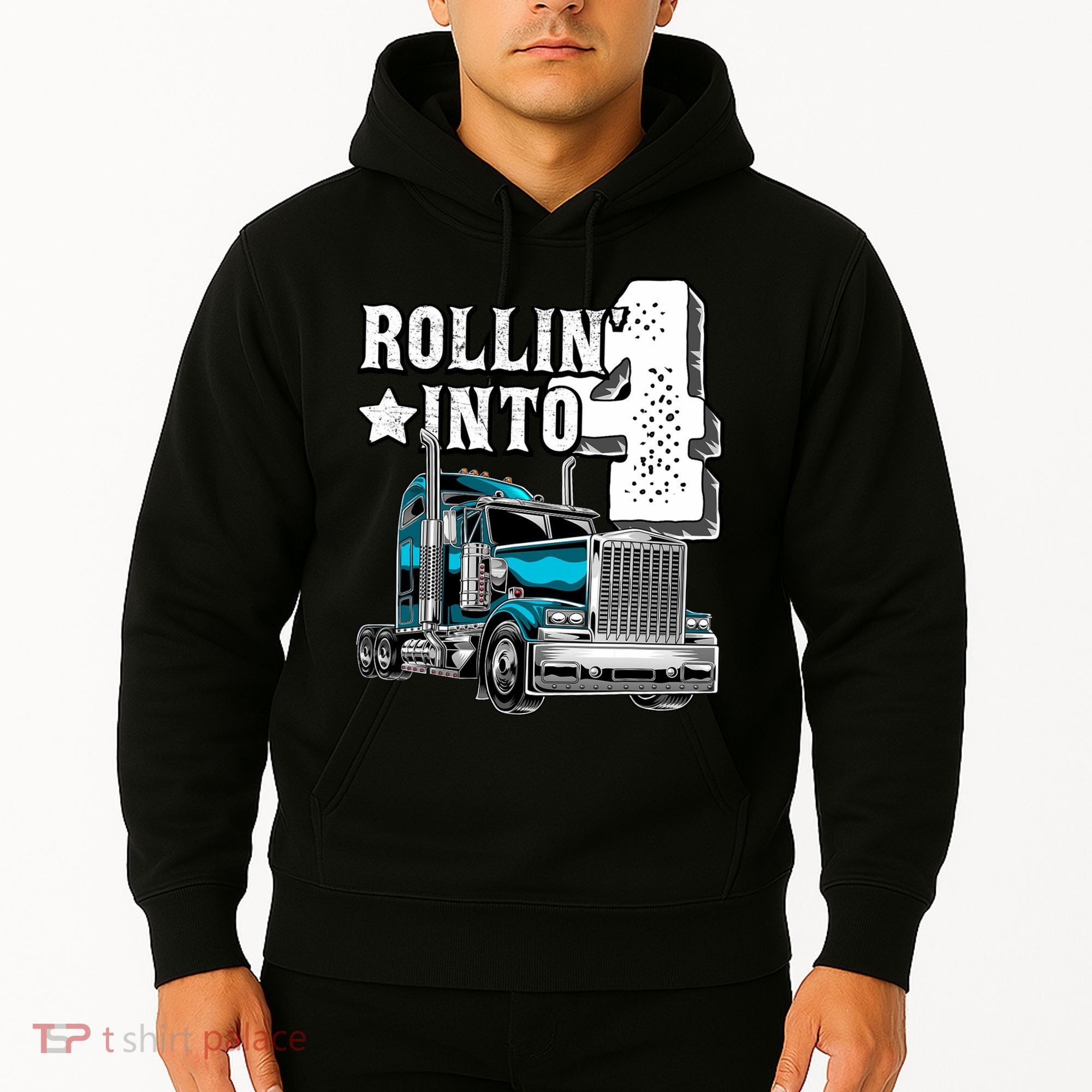 Rollin Into 4 Big Rig Semi Trailer Truck 4th Birthday Gift Hoodie