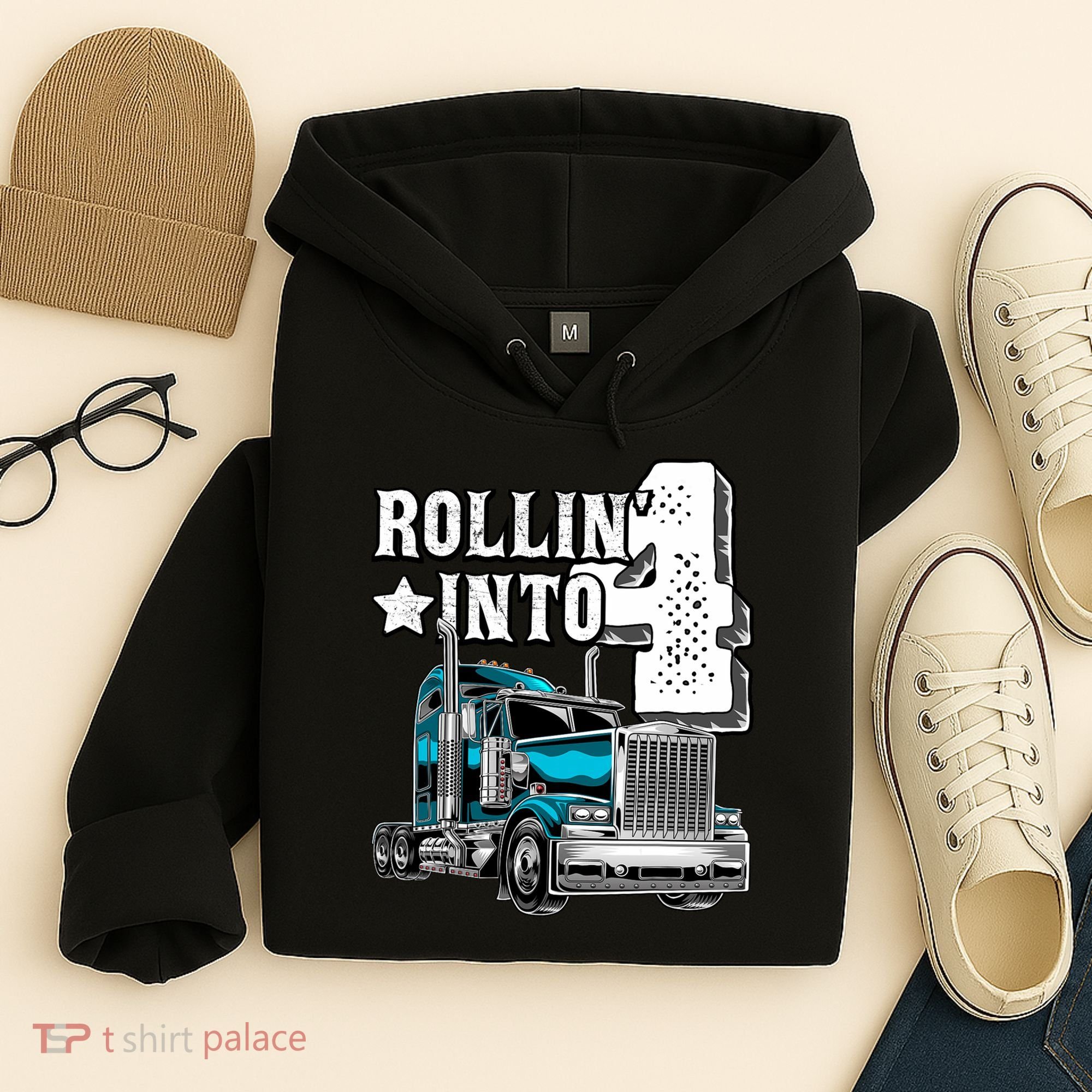 Rollin Into 4 Big Rig Semi Trailer Truck 4th Birthday Gift Hoodie