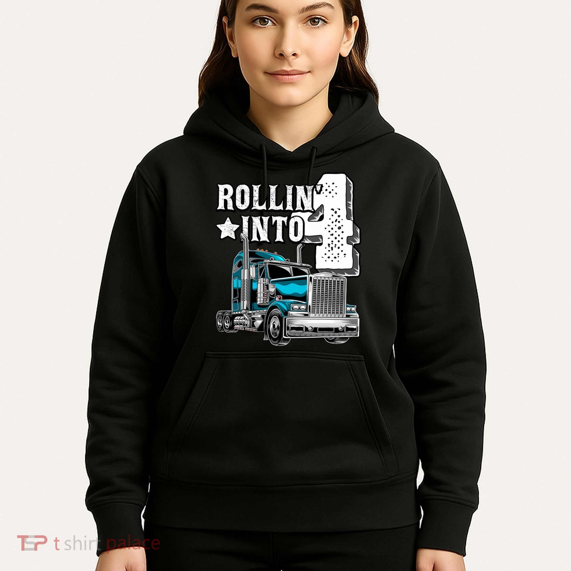 Rollin Into 4 Big Rig Semi Trailer Truck 4th Birthday Gift Hoodie