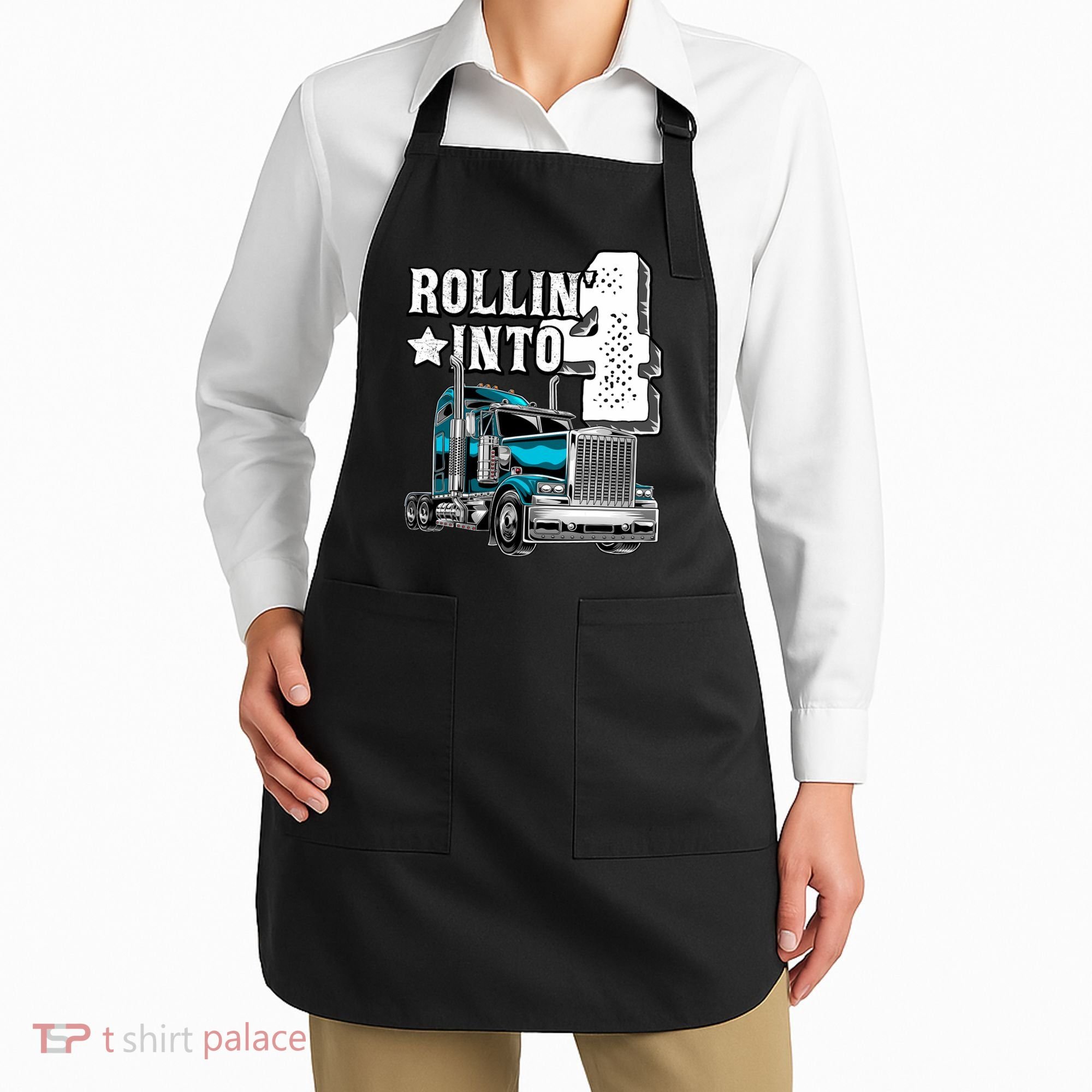 Rollin Into 4 Big Rig Semi Trailer Truck 4th Birthday Gift Apron