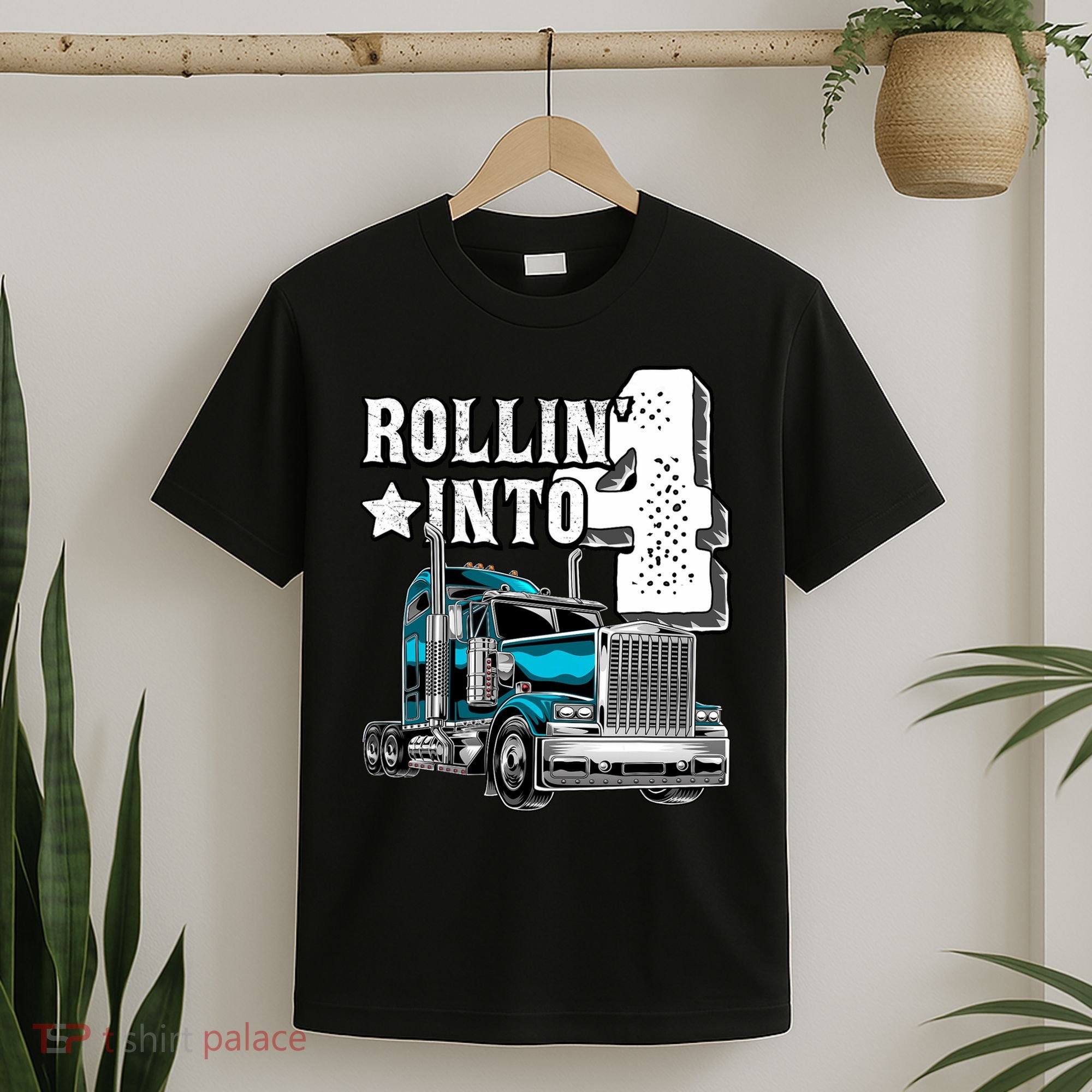 Rollin Into 4 Big Rig Semi Trailer Truck 4th Birthday Gift T-Shirt