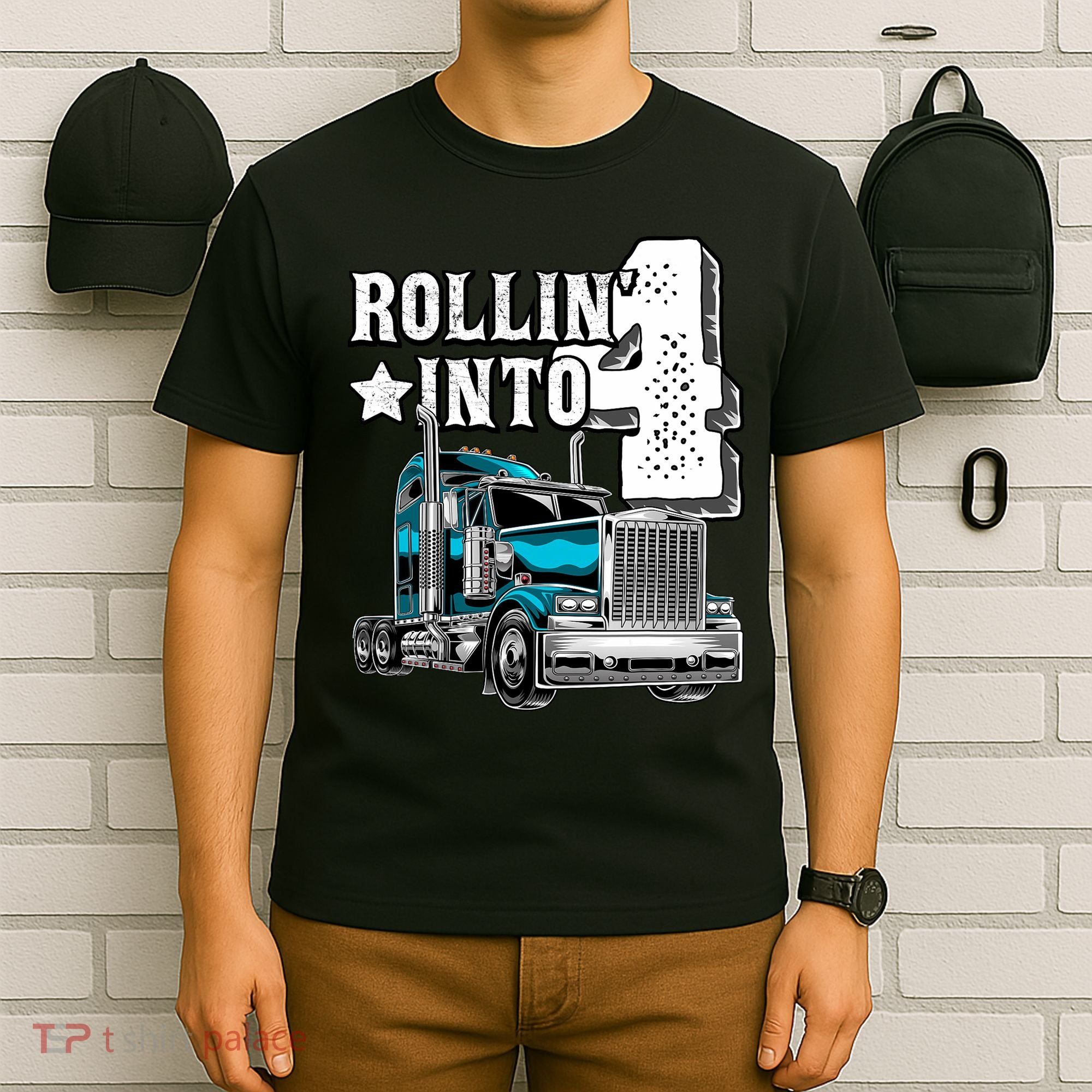 Rollin Into 4 Big Rig Semi Trailer Truck 4th Birthday Gift T-Shirt