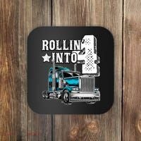 Rollin Into 4 Big Rig Semi Trailer Truck 4th Birthday Gift Coaster thumb 0