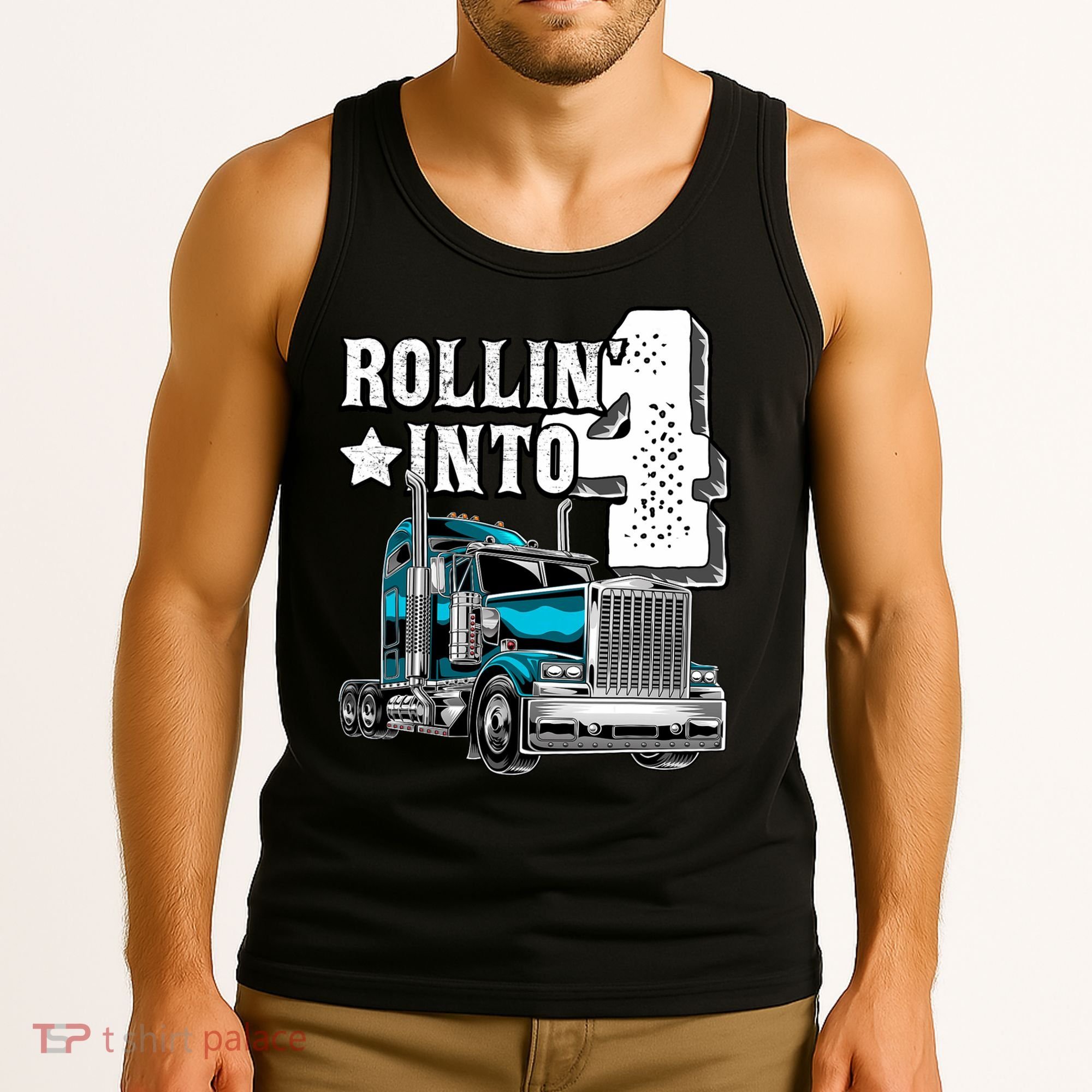 Rollin Into 4 Big Rig Semi Trailer Truck 4th Birthday Gift Tank Top