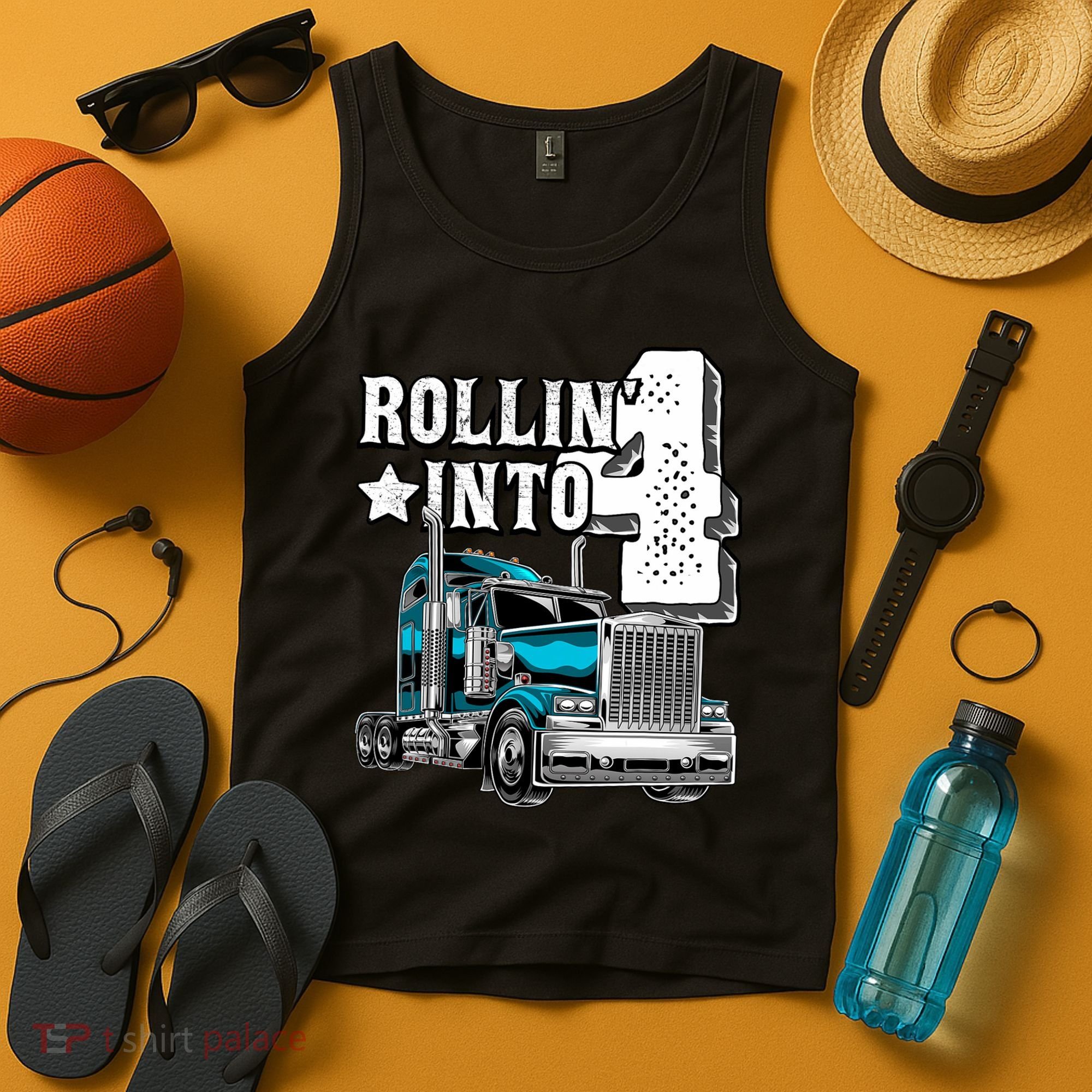 Rollin Into 4 Big Rig Semi Trailer Truck 4th Birthday Gift Tank Top