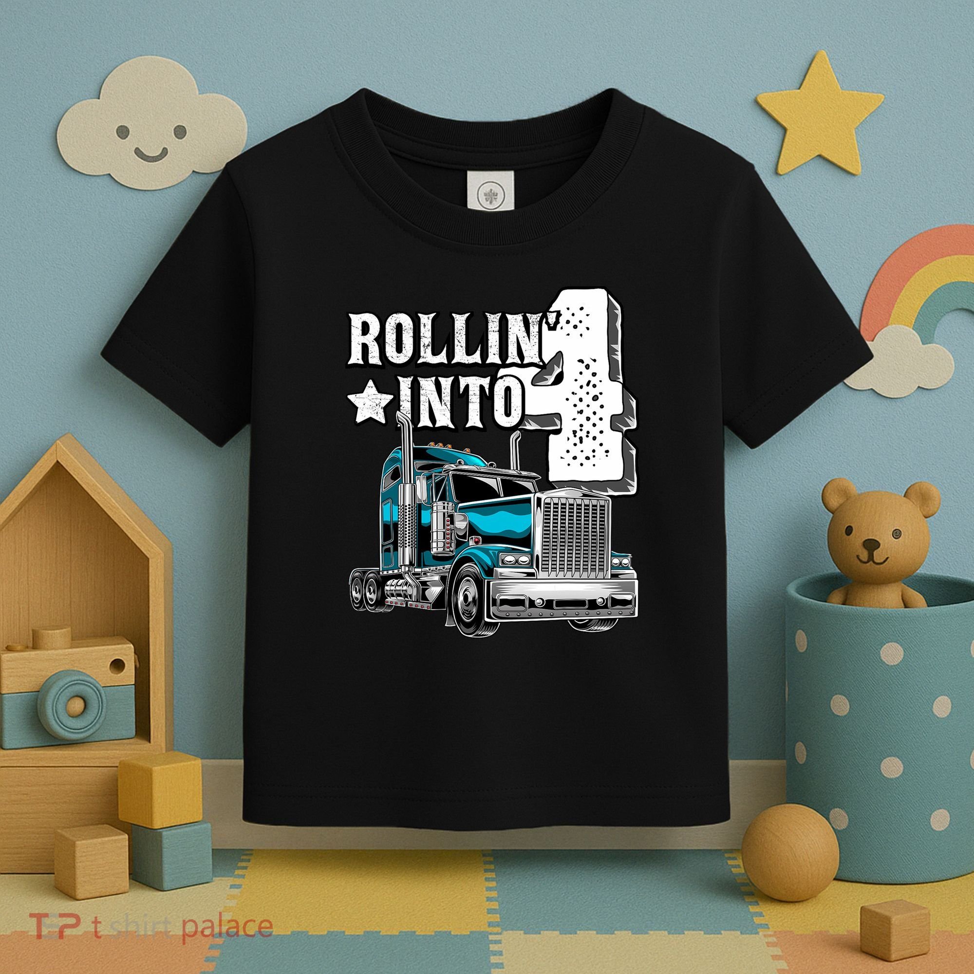 Rollin Into 4 Big Rig Semi Trailer Truck 4th Birthday Gift Toddler T-Shirt