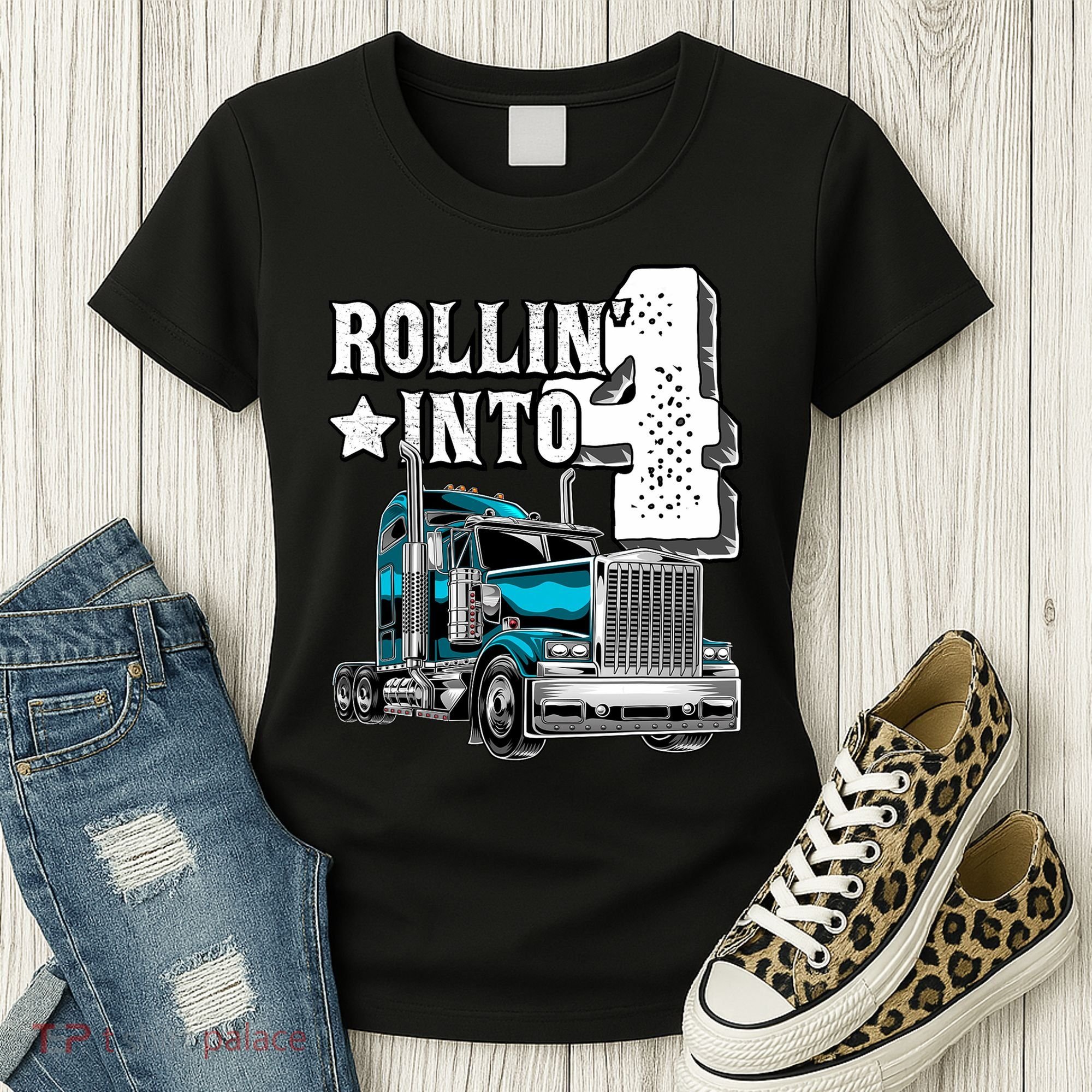 Rollin Into 4 Big Rig Semi Trailer Truck 4th Birthday Gift Women's T-Shirt