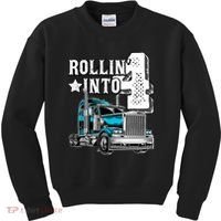 Rollin Into 4 Big Rig Semi Trailer Truck 4th Birthday Gift Kids Sweatshirt thumb 0