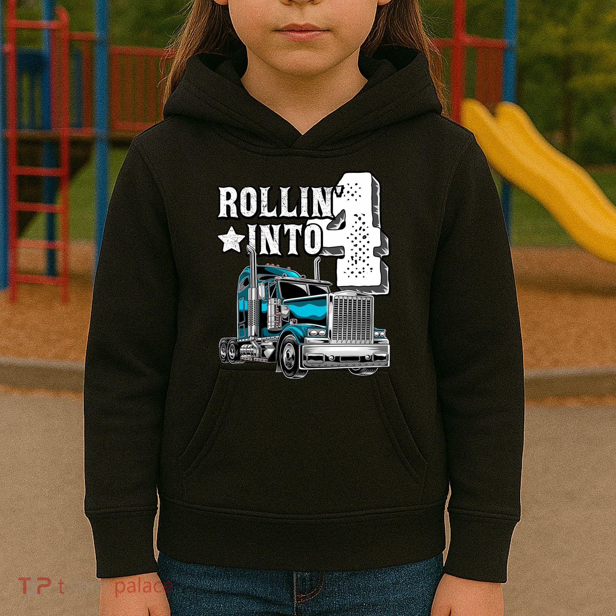 Rollin Into 4 Big Rig Semi Trailer Truck 4th Birthday Gift Kids Hoodie