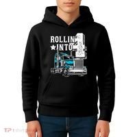 Rollin Into 4 Big Rig Semi Trailer Truck 4th Birthday Gift Kids Hoodie thumb 4