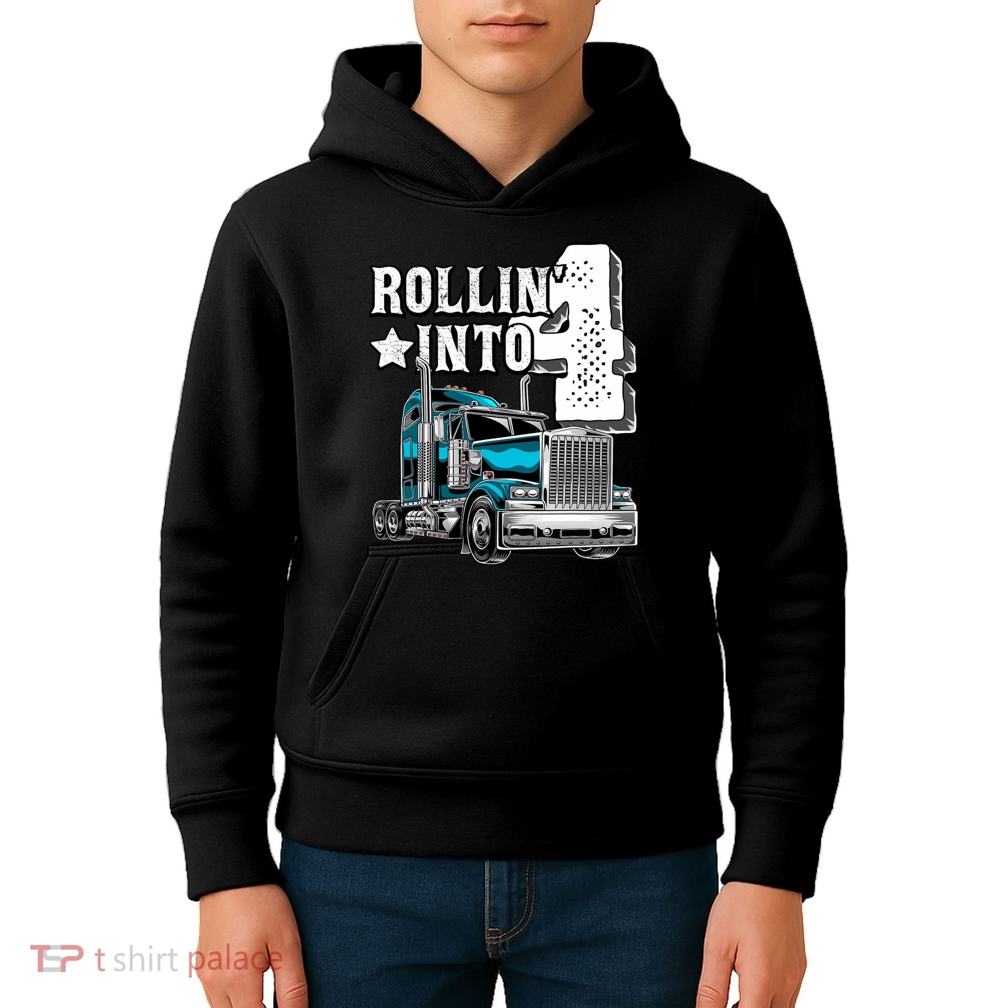 Rollin Into 4 Big Rig Semi Trailer Truck 4th Birthday Gift Kids Hoodie