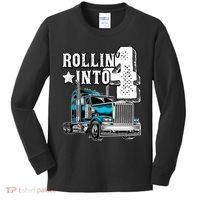 Rollin Into 4 Big Rig Semi Trailer Truck 4th Birthday Gift Kids Long Sleeve Shirt thumb 0