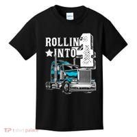 Rollin Into 4 Big Rig Semi Trailer Truck 4th Birthday Gift Kids T-Shirt thumb 0