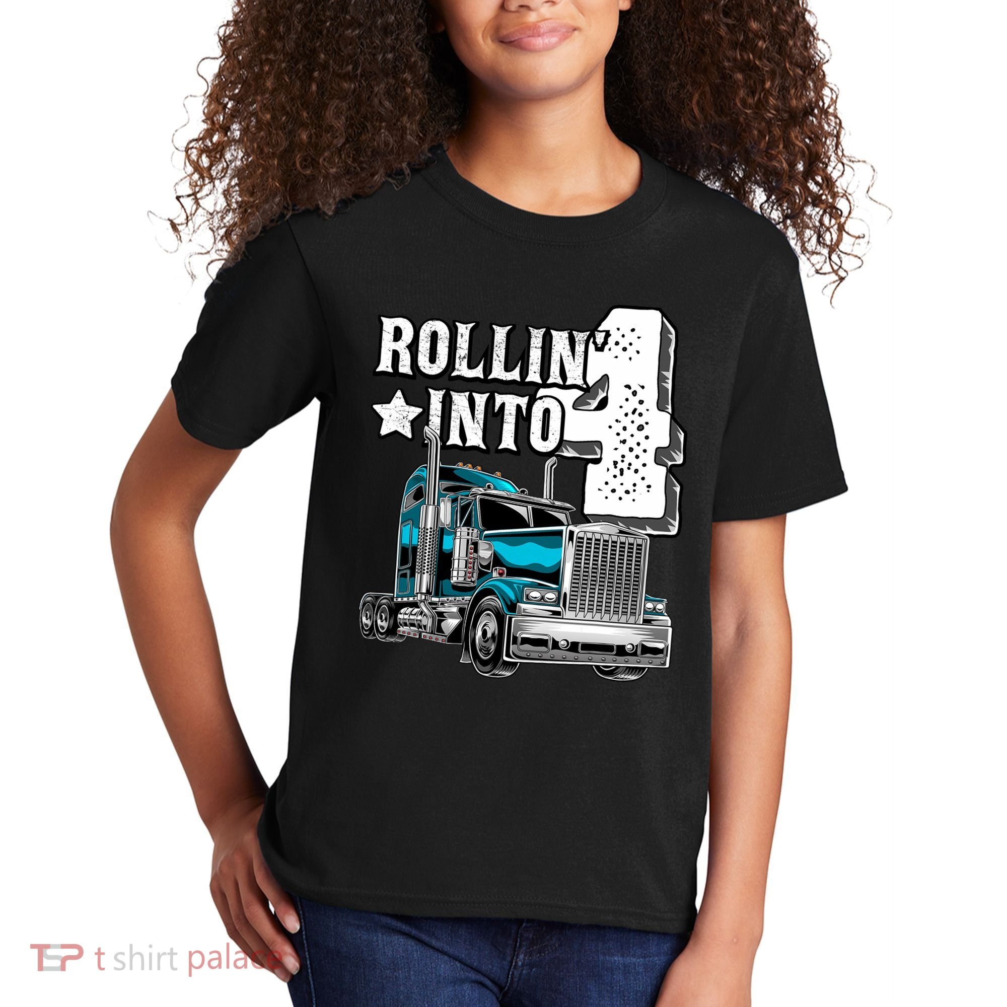 Rollin Into 4 Big Rig Semi Trailer Truck 4th Birthday Gift Kids T-Shirt