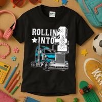 Rollin Into 4 Big Rig Semi Trailer Truck 4th Birthday Gift Kids T-Shirt thumb 3