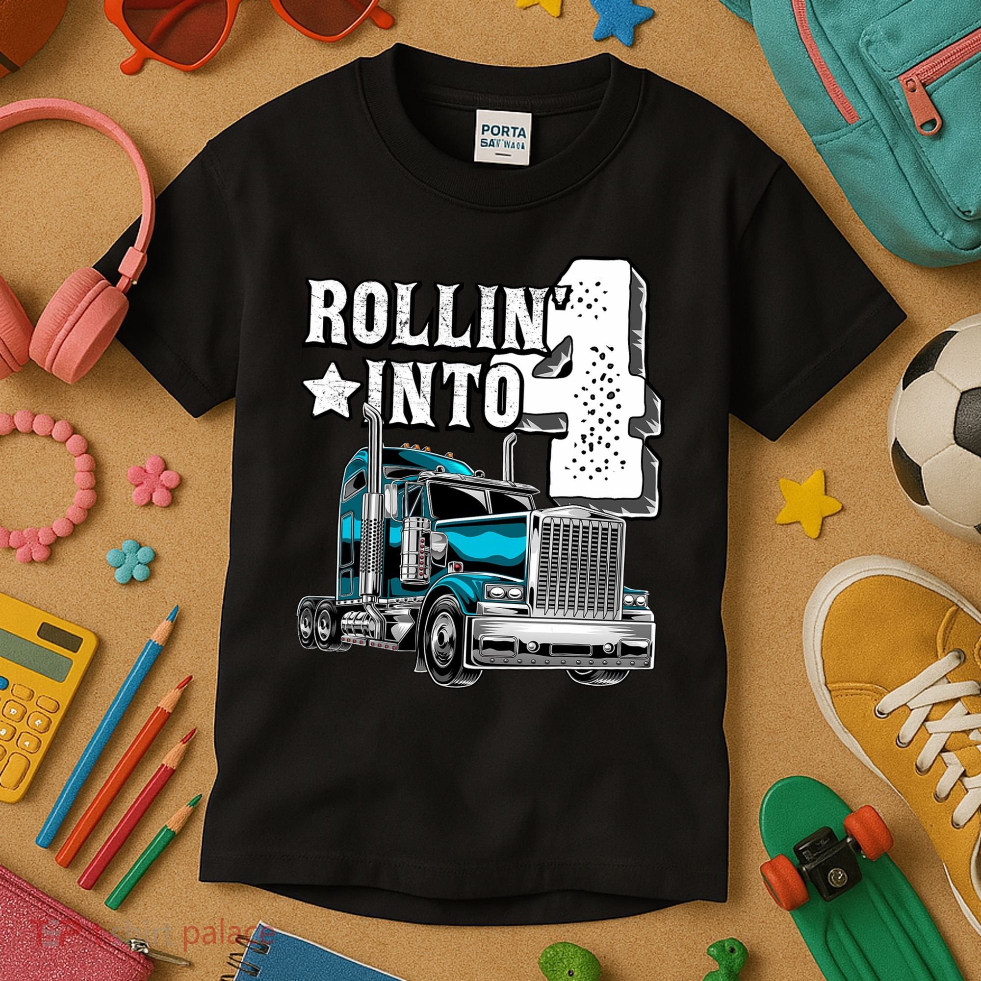 Rollin Into 4 Big Rig Semi Trailer Truck 4th Birthday Gift Kids T-Shirt