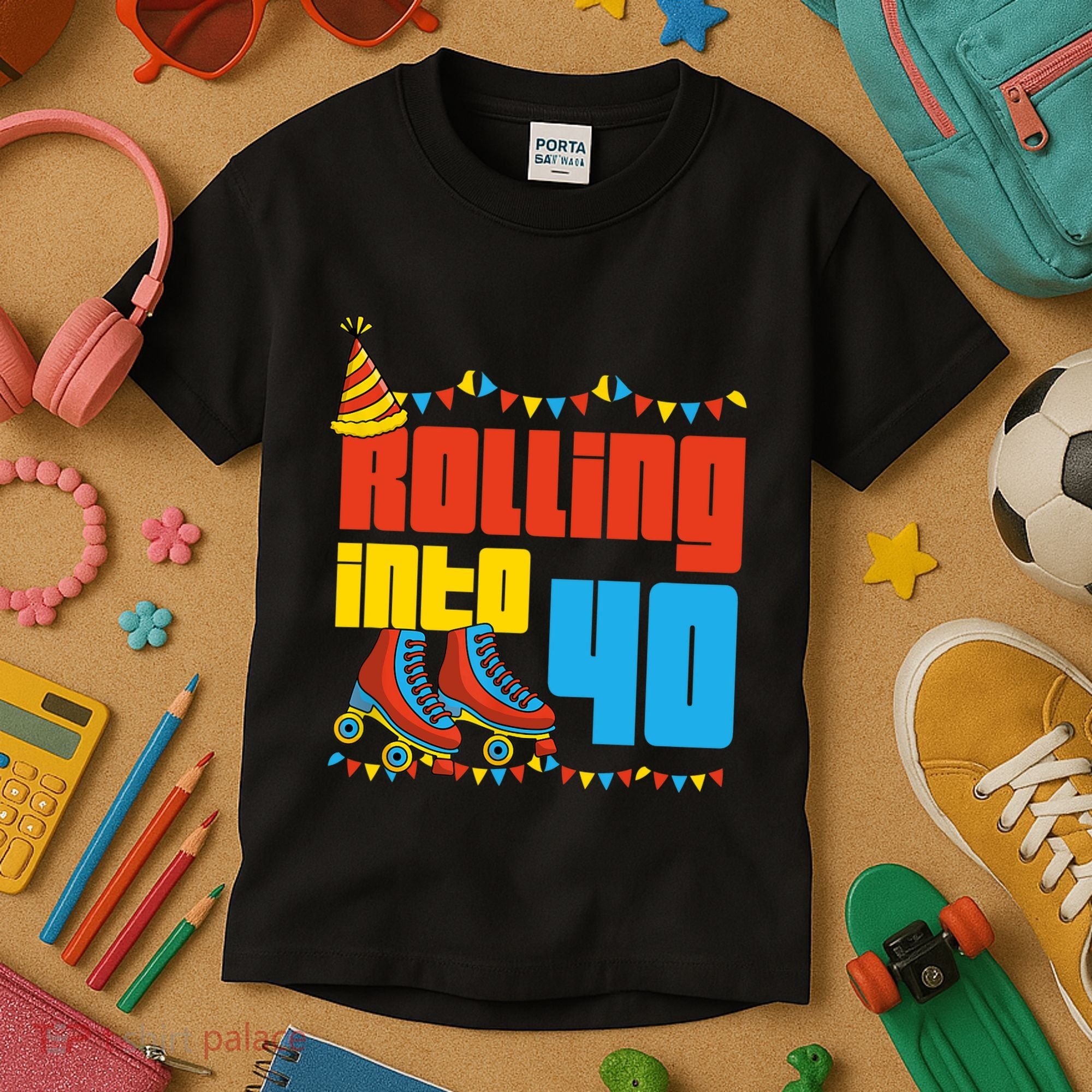 Rolling Into 40 Roller Skate 40th Birthday Party Supplies Kids T-Shirt
