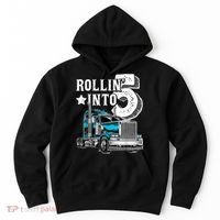 Rollin into 5 Big Rig Semi-Trailer Truck 5th Birthday Gift Hoodie thumb 0