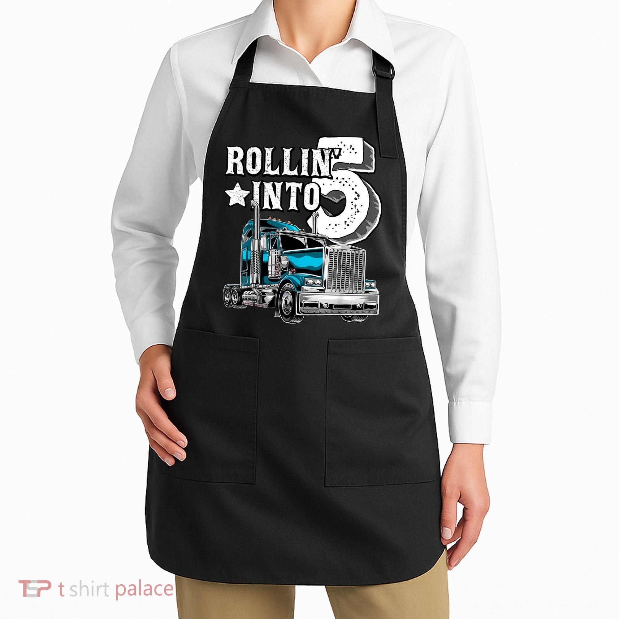 Rollin into 5 Big Rig Semi-Trailer Truck 5th Birthday Gift Apron