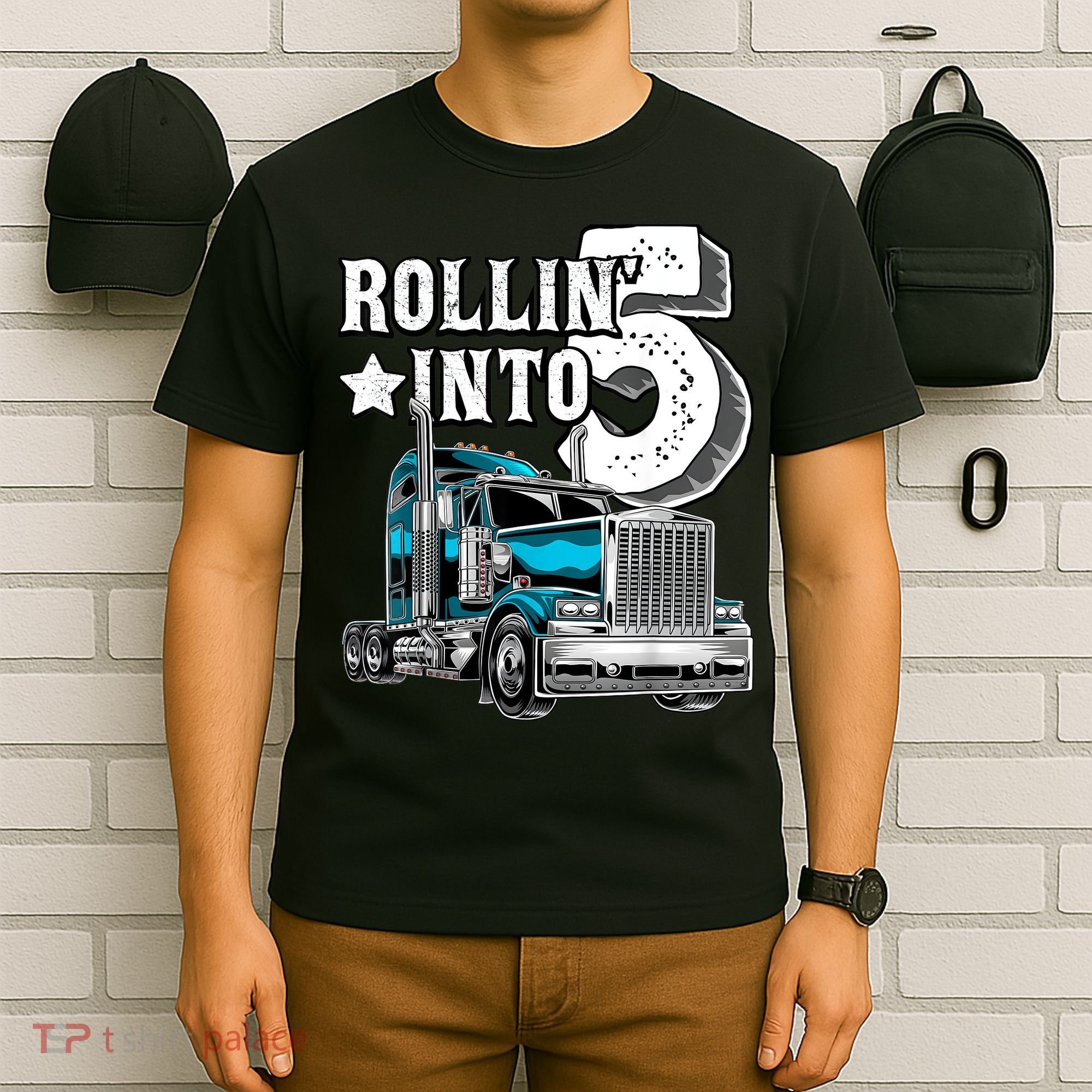 Rollin into 5 Big Rig Semi-Trailer Truck 5th Birthday Gift T-Shirt